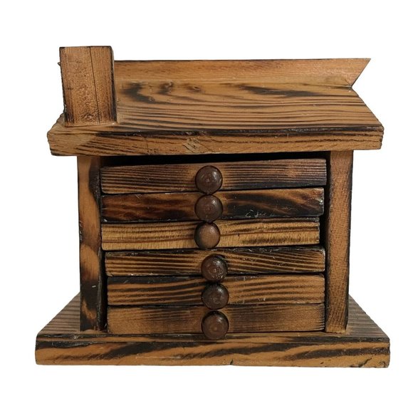 Vintage 1970s Hand Made Folk Art Wood Log Cabin Coasters Set Taiwan Rustic Bird - Picture 4 of 10